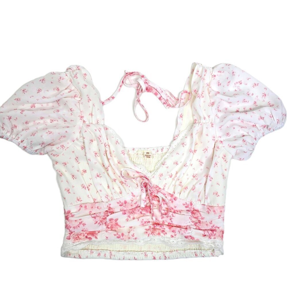 Vintage Y2K 90s Prairie Cottagecore Pink Wihte Floral Smocked Cropped Top